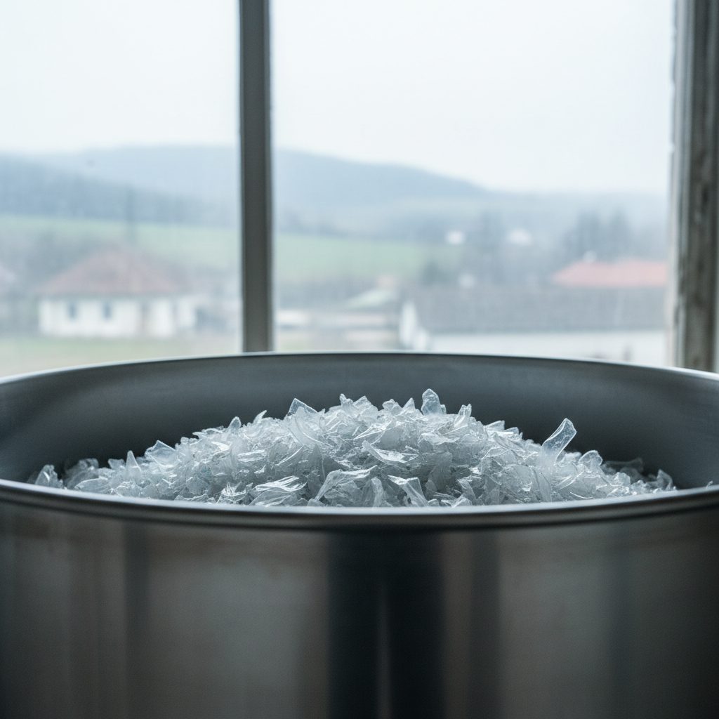 Fulgi de PET reciclat într-un buncăr din inox